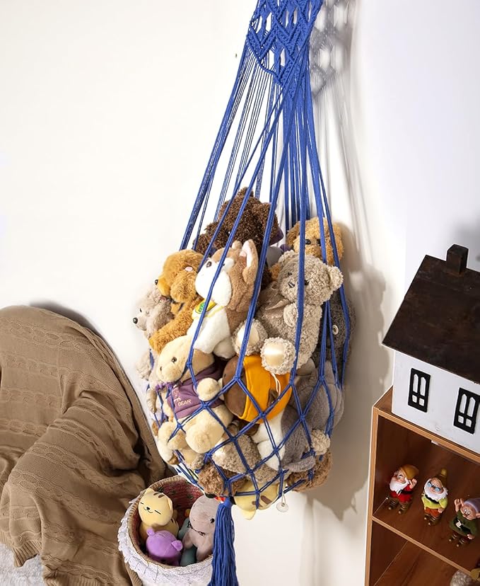 Stuffed Animal Hammock Wall Hanging Net for Stuffed Animal Net Stuffed Animal Storage Plush Toy Holder Toy Organizer for Boho Kidroom Nursery (Blue)