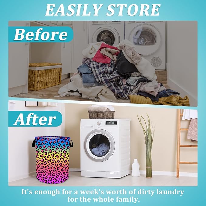 CoLorful Leopard Rainbow Laundry Basket, Foldable Waterproof Oxford Cloth Laundry Hamper Funny Tote Bag Dirty Clothes Storage Bucket Toy Organizer for Bathroom/Laundry/Bedroom 15.7"x19.6"