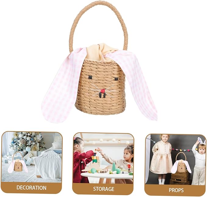 MERRYHAPY Boy Girl Woven Rattan Handbag Bunny Ears Decorative Storage Basket for Boys and Girls Rooms and Photography Props and Design
