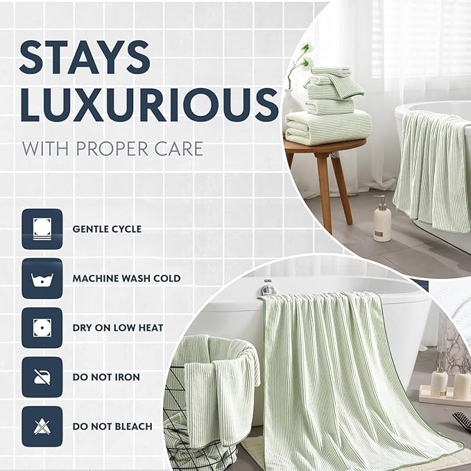 8-Piece Premium Towel Set for Bathroom|2 Oversized Large Bath Sheet,2 Hand Towels,4 Washcloths|Soft Cozy Highly Absorbent Fast Dry Microfiber Shower Towel Set for Hotel Bathroom Essentials,Green White