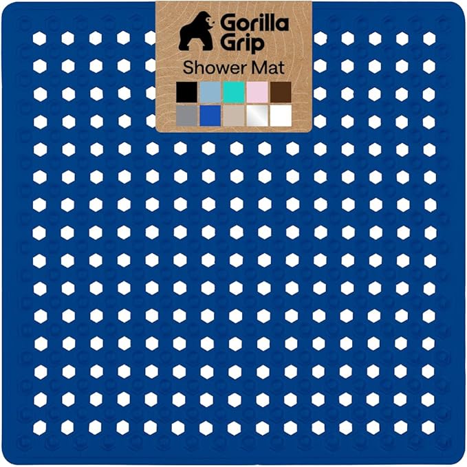 GORILLA GRIP Patented Square Shower Stall Mat, Small Bathtub Floor Mats for Stand Up Showers, Suction Cups, Drain Holes, Machine Wash, Soft on Feet, Bathroom Accessories 21x21 Inch, Royal Blue Opaque