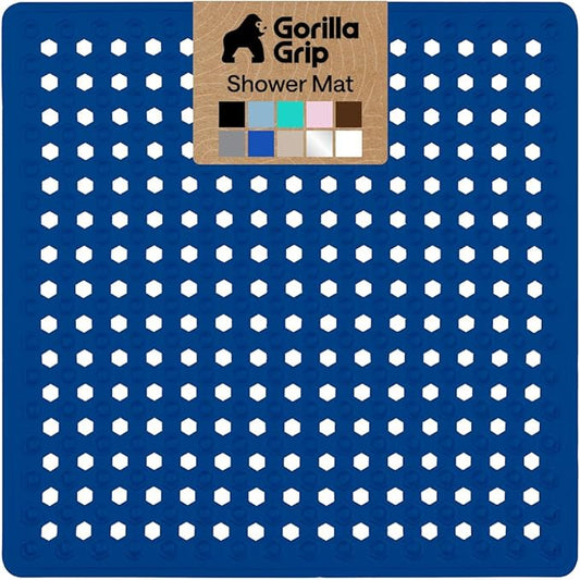 GORILLA GRIP Patented Square Shower Stall Mat, Small Bathtub Floor Mats for Stand Up Showers, Suction Cups, Drain Holes, Machine Wash, Soft on Feet, Bathroom Accessories 21x21 Inch, Royal Blue Opaque