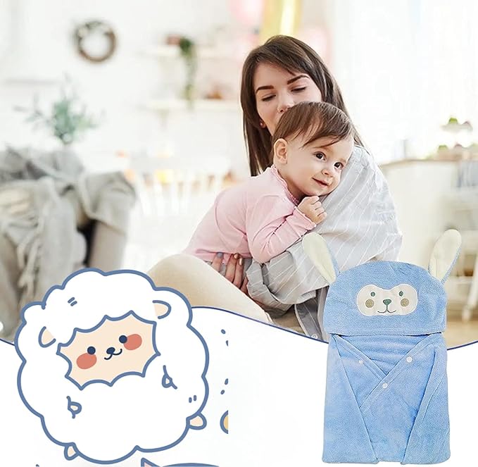 2pcs Microfiber Natural Fleece Soft Bath Towel for Kid with Cute Sheep Ears - Ultra Absorbent, Large Bath Towel for Boy and Girl - (Sheep 27.5 x 55 Inch) (Blue)