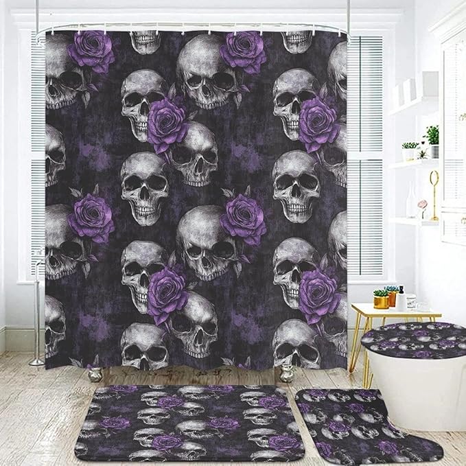 Gothic Skull Bathroom Set, 4-Piece with Shower Curtain 71x71, Bath Mat, Contour Rug, Toilet Lid Cover, Purple Roses Skull Pattern(Purple 2)