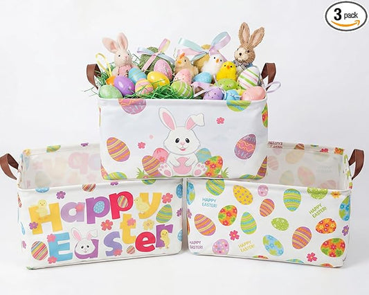 3 Pack Easter Storage Baskets Waterproof Canvas with Leather Handles Bunny Basket Box Collapsible Storage Bins Box for Closet Toys Clothes Room Decor Gift Basket