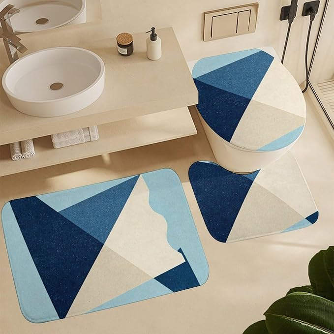 4 Piece Bathroom Rug Set with Shower Curtain, Non-Slip Bath Mat Toilet Cover Set, Geometry Bathroom Rug Sets