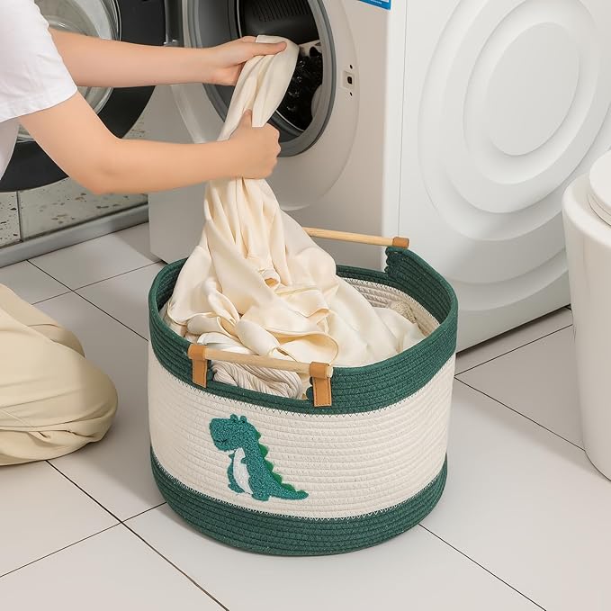 Large Blanket Basket 35L Cotton Rope Basket with Wooden Handles Woven Baskets for Kids Stuffed Animal Toys Storage for Nursery, Laundry Hamper Clothes Baby Hamper Boys Gift Basket Empty, (Dinosaur ）