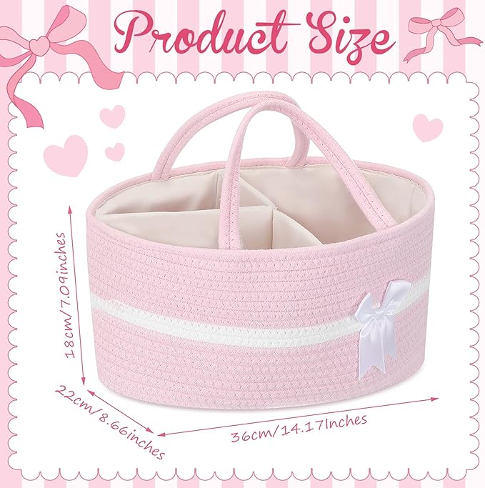 Yinkin 1 Pcs Valentine's Day Woven Large Storage Basket with Handles and Removable Divider Gift Baskets with Bow for Closet Bedroom Nursery Toys Organizing, 14.17 x 8.66 x 7.09 Inches(Pink and White)