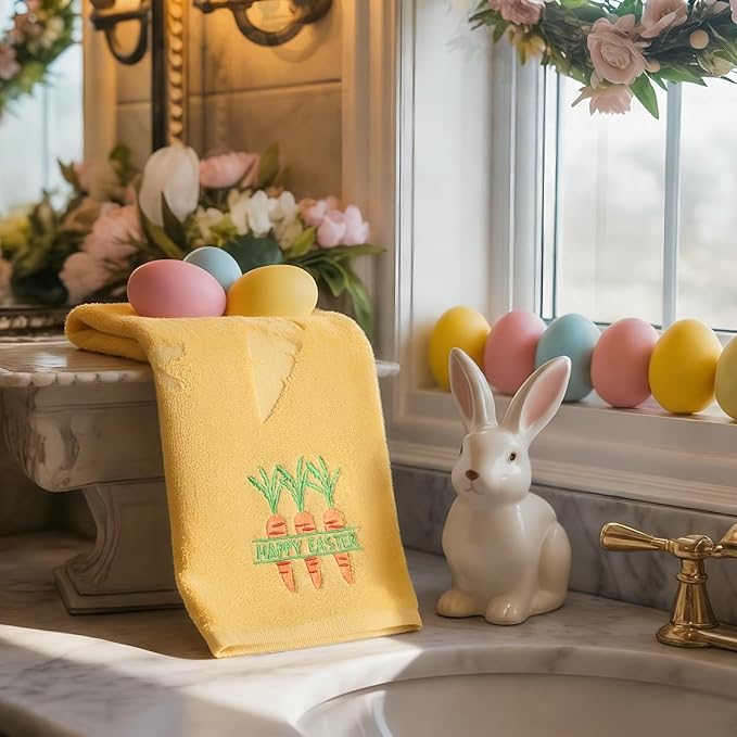2 Pcs Easter Hand Towels for Bathroom Carrot Easter Bath Towels Yellow 100% Cotton Jacquard Embroidered Decorative Gift Set Kitchen Decor Home Accessories