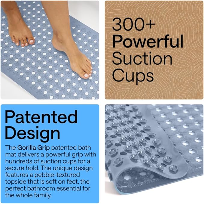 GORILLA GRIP Patented Bath Tub Shower Mat, Machine Washable Bathtub Floor Liner Mats, Suction Cups and Drain Holes to Keep Tubs Clean, Soft on Feet, Bathroom Essentials, 35x16 Inch, Sky Blue Opaque