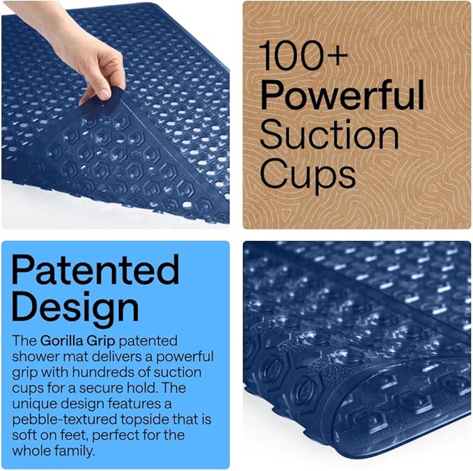GORILLA GRIP Patented Square Shower Stall Mat, Small Bathtub Floor Mats for Stand Up Showers, Suction Cups and Drainage Holes, Machine Wash, Soft on Feet, Bathroom Accessories 21x21 Inch, Navy Blue