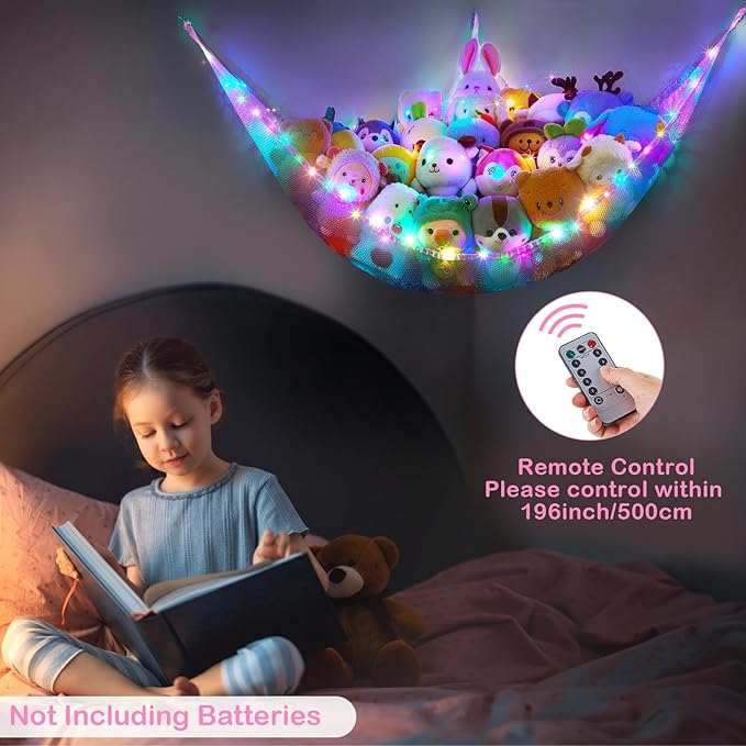 Basumee Stuffed Animals Net or Hammock with LED Light Hanging Toy Net Hammock for Stuffed Animals Storage Stuff Animals Hammocks for Nursery Room with Remote Control, 8 Kinds of Lights(Pack of 1)