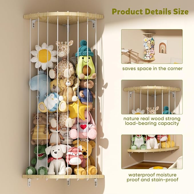 Dayacoco 80 in Stuffed Animal Storage Wooden Corner Shelf,60-80 in Length Adjustable,Stuffed Animal Organizer,Wall Hanging Stuffed Animal Holder Shelf for Nursery & Play & Bedroom & Kid Room