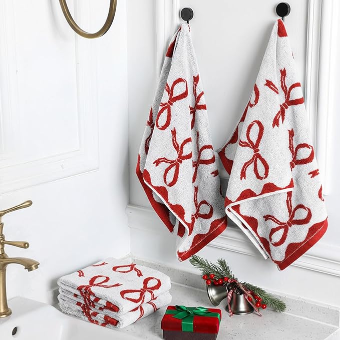 4 Pcs Christmas Bow Hand Towels for Bathroom 13 x 29'' Soft 100% Cotton Red Christmas Face Towel Kitchen Decor Absorbent Preppy Bathroom Decor Bridal Shower Wedding Gift