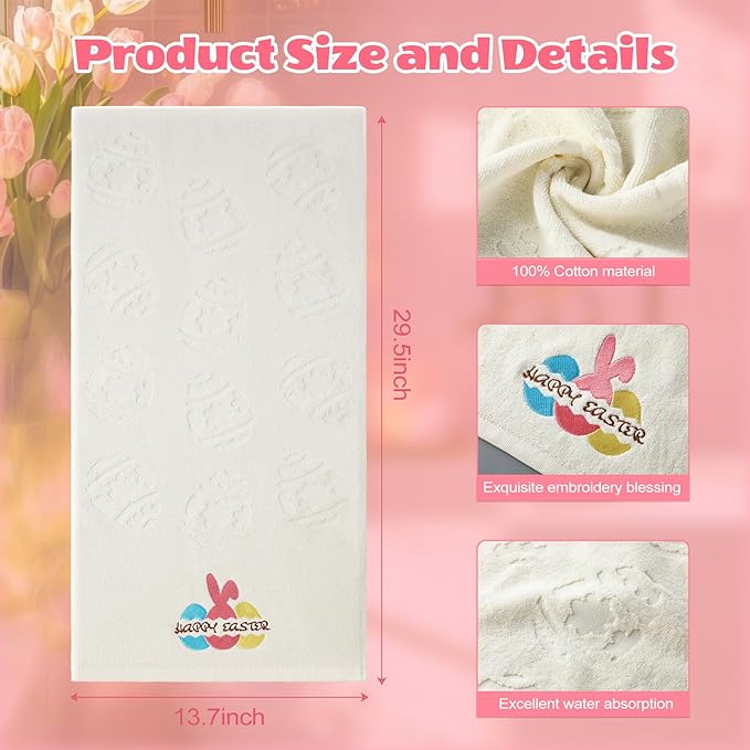 2 Pcs Easter Hand Towels for Bathroom Eggs Easter Bath Towels Beige 100% Cotton Jacquard Embroidered Decorative Gift Set Kitchen Decor Home Accessories