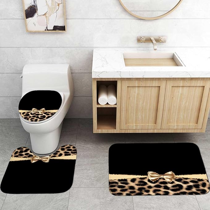 4PCS Leopard Print Shower Curtain Sets With Rugs, Waterproof Fabric Black Shower Curtain, Girly Golden Ribbon Bow Bowknot Cat Cheetah Print Safari Animal Skin Modern Women Girls Bathroom Decor
