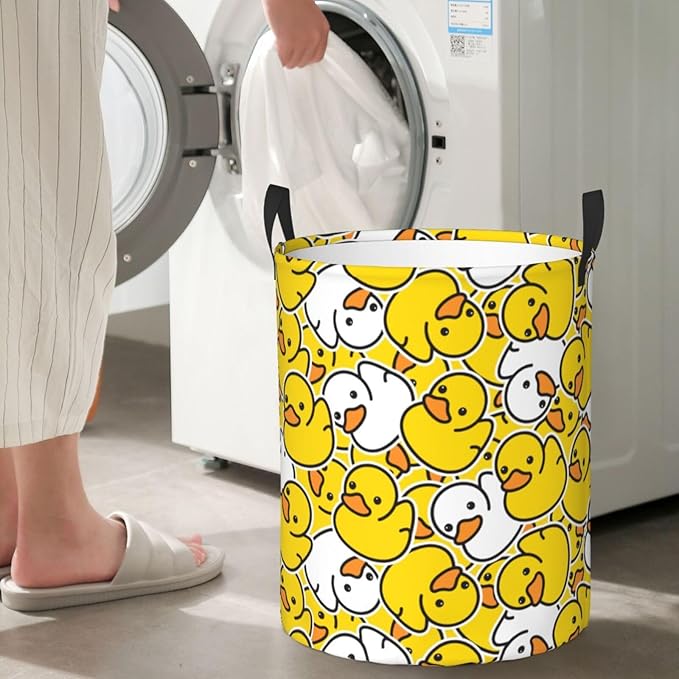 Cartoon Duckies Round Laundry Hamper Cute Rubber Ducks Storage Basket Toys Clothes Organizer Bin For Home Bathroom Bedroom Dorm Nursery, 62l