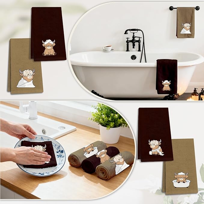 4 Pcs Highland Cow Hand Towels Cattle Embroidered Towel - 29" x 13.3" Soft Cotton Bathroom Towel Set Western Bath Towels Farmhouse Bathroom Decor Highland Cow Kitchen Decor Cute Housewarming Gift