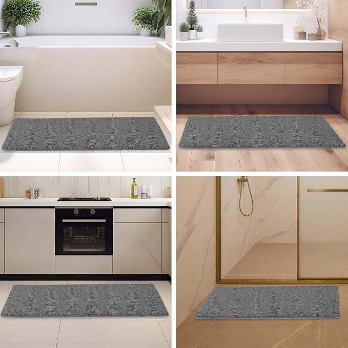 Gray Bathroom Rugs – Absorbent and Washable Bath Mat, Non-Slip, Thick Soft Chenille Bath Rugs for Bathroom Floor, Shower, Sink - 26" x 44"