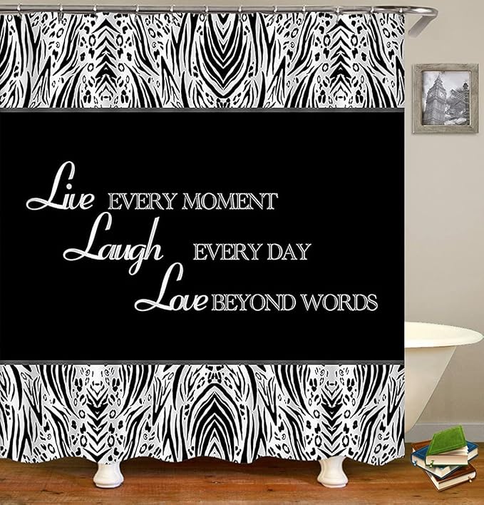 4PCS/Set Inspirational Quotes Shower curtain, Black and White Modern Zebra Pattern Motivational Bathroom Decor, Waterproof Fabric Shower curtain, Non-slip Bath Rugs Toilet Mat, Live Laugh Love