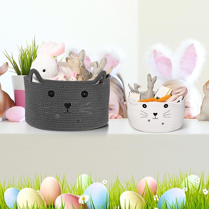 Zopeal Cat Basket Storage Woven Organizer with Ears Christmas Decorative Pet Toy Cute Cotton Rope Basket for Gift Cat Dog Toy Bin Nursery Room(13.7 x 7.8 Inch,Dark Grey)