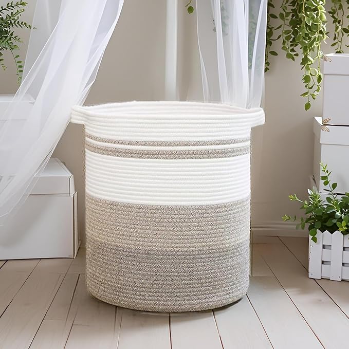 laundry hamper 16x16x18, 60L – large basket for blankets,toy basket, Cotton Rope Blanket Basket Living Room, Baby Laundry hamper for Blanket, Nursery, –stuffed animal storage(Triple brown)