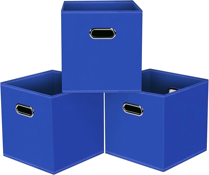 Black Foldable Storage Cubes Bins, Fabric Storage Box Cubes Organizer Baskets with Dual Handles for Home Organizer,Set of 3,(Dark Blue)