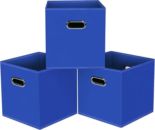Black Foldable Storage Cubes Bins, Fabric Storage Box Cubes Organizer Baskets with Dual Handles for Home Organizer,Set of 3,(Dark Blue)