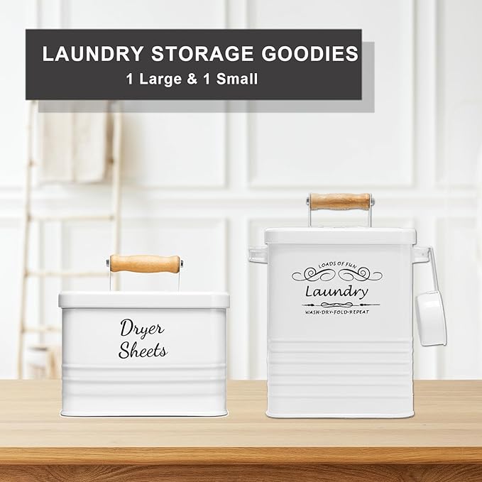 SSTATES Laundry Room Organization Set, Metal Laundry Detergent Pods Container and Dryer Sheet Holder with Lid, Laundry Powder Storage Bin with Scoop for Farmhouse Decor, (2 Pack, White)