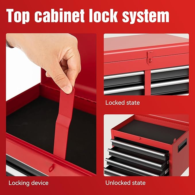 5-Drawer Rolling Tool Chest & Cabinet With Detachable Top Box - Heavy-Duty Metal Tool Cart With 4 Hooks, Lockable Drawers & 4 Wheels For Garage, Workshop, And Automotive Organization, (Red)