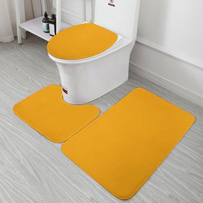 3 Pieces Bath Rug Sets, Orange Trend Color Bathroom Mat Set Non Slip U Shaped Contour Rug & Toilet Lid Cover