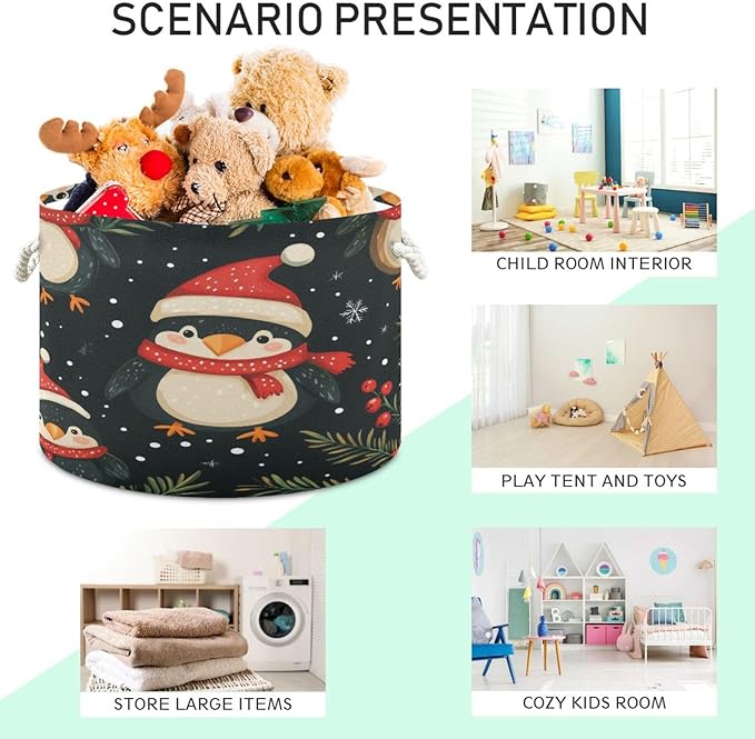Blanket Storage Basket for Living Room - Cute Christmas Penguin Large 20"x20"x14" Cotton Rope Handles Laundry Basket, Foldable for Toy Storage, Blanket Basket