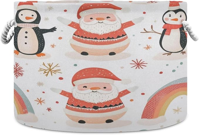 Blanket Storage Basket for Living Room - Cute Santa Penguin Large 20"x20"x14" Cotton Rope Handles Laundry Basket, Foldable for Toy Storage, Blanket Basket
