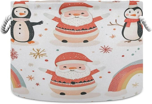 Blanket Storage Basket for Living Room - Cute Santa Penguin Large 20"x20"x14" Cotton Rope Handles Laundry Basket, Foldable for Toy Storage, Blanket Basket