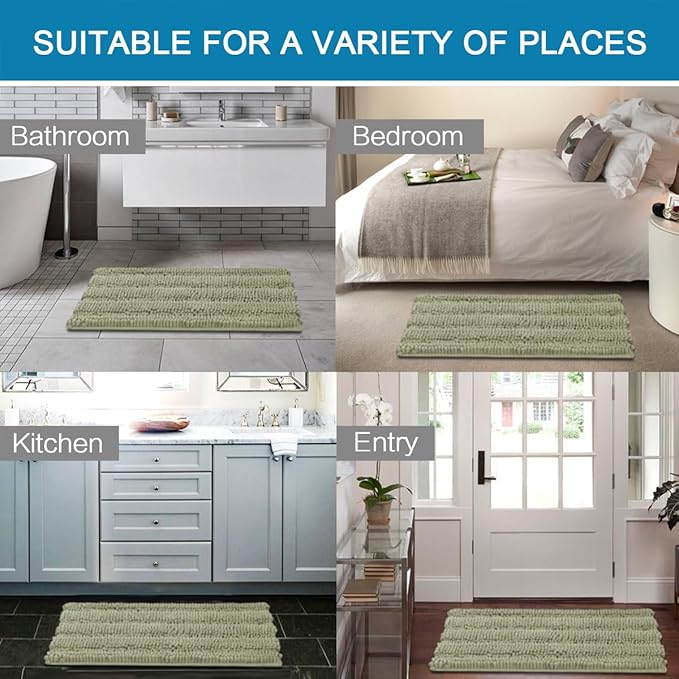H.VERSAILTEX Bath Mats for Bathroom Non Slip Thick Chenille Striped Bath Rug Absorbent Fluffy Soft Shaggy Rugs Washable Dry Fast Plush Mats for Indoor, Bath Room, Tub - 17" x 24", Eucalyptus Green