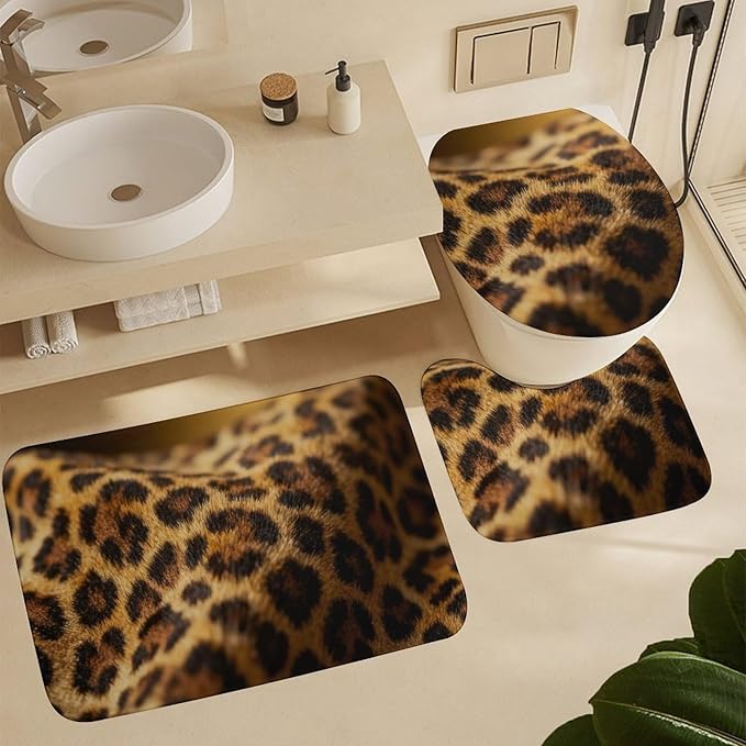 4 Piece Bathroom Rug Set with Shower Curtain, Non-Slip Bath Mat Toilet Cover Set, Leopard Print Bathroom Rug Sets