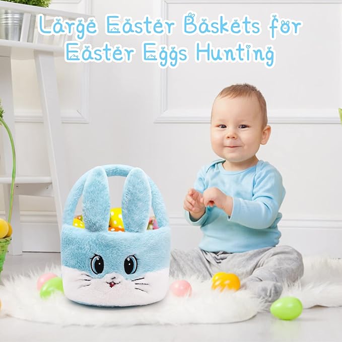 Easter Basket for Kids, Easter Baskets with Handle for Easter Eggs Hunting, Easter Bunny Basket Blue Bunny Bags, Easter Theme Party Favor Easter Gifts for Girls Boys (Blue)