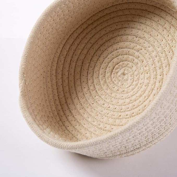 Cotton Rope Handmade Woven Home Storage Household Candy Toys Storage Basket Sundries Collection Box Candy Snack Food Tray SML Pack of 3 (Round, Beige)