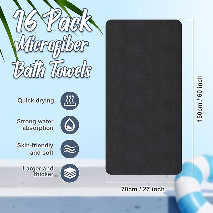 16 Pack Microfiber Bath Towels Bulk 27'' x 60'' Oversized Size Bath Towel Highly Absorbent Extra Large Soft Drying for Shower Beach Winter Salon Sport Gym Party (Wheat,Black)
