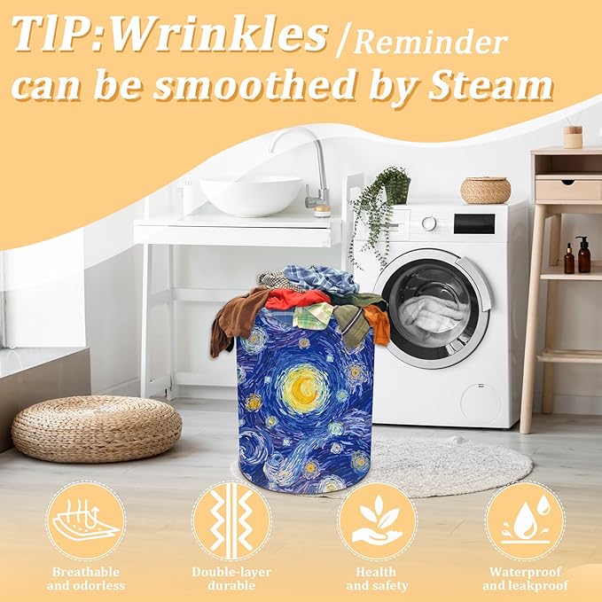 Starry Night Laundry Basket, Foldable Waterproof Oxford Cloth Laundry Hamper Funny Tote Bag Dirty Clothes Storage Bucket Toy Organizer for Bathroom/Laundry/Bedroom 15.7"x19.6"
