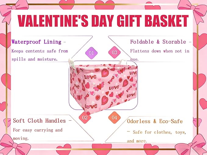 Valentines Day Baskets for Gifts Empty, Gift Baskets for Women Cute Pink Red Heart Basket for Kids Toy Storage