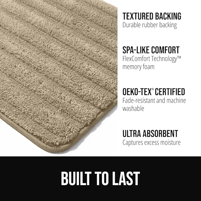 GORILLA GRIP Textured Backing Bathroom Rugs, Soft Memory Foam Absorbent Striped Bath Mats, Machine Washable & Fade Resistant, Bathmat Accessories for Floor, Home Decor Shower Essentials, Beige 30x18
