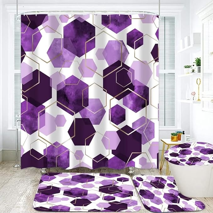 4Pcs Pinkish Purple Shower Curtain Set Marble Grain Geometric Bathroom Set Abstract Bathroom Curtain Set with 12 Hooks Carpet Bath Mat and Toilet Rugs