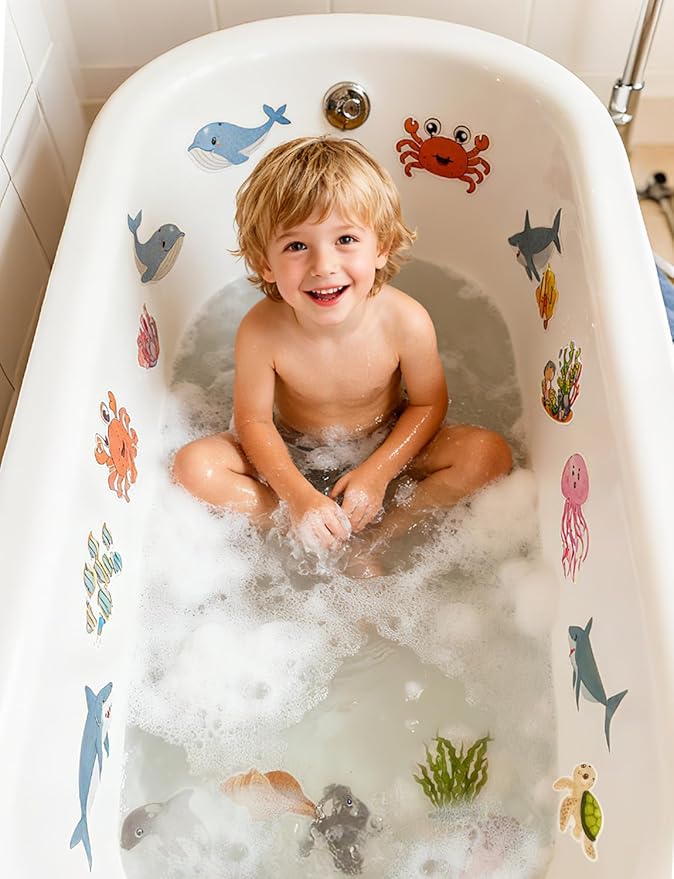 26Pcs Non Slip Bathtub Stickers, Cute Ocean Creature Stickers with Scraper, Anti Slip Bath Tub Shower Decal with Adhesive Back for Bathroom, Shower Stairs