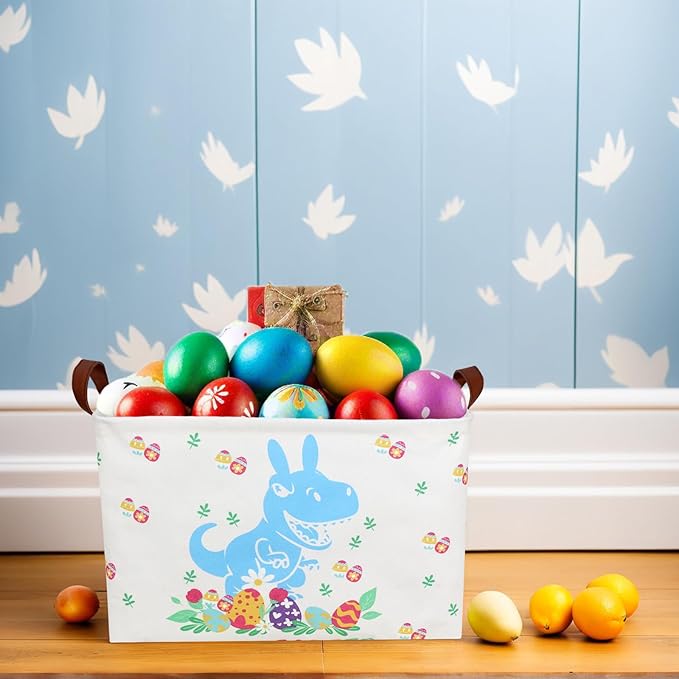 Large Rectangular Cute Kid Easter Basket Empty Bunny Eggs Easter Basket Gift Spring Room Storage Organizer Décor (Blue Dinosaur Easter Egg)