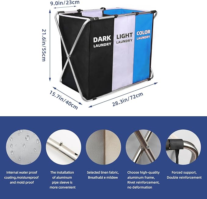 160L Large Laundry Basket, Freestanding Laundry Hamper, Collapsible Tall Clothes Hamper with Handles for Clothes Toys in the Dorm & Family Closet Storage Container and Organizer (3 Liner blue)