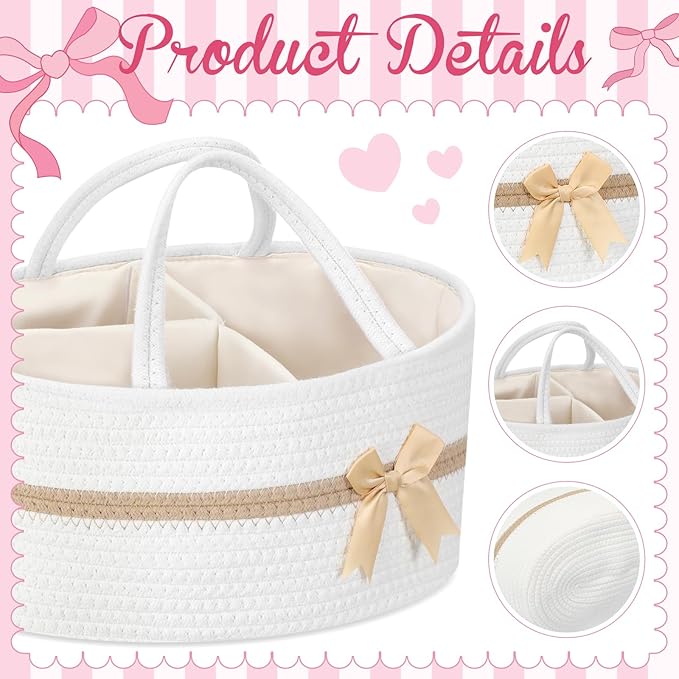 Yinkin 1 Pcs Valentine's Day Woven Large Storage Basket with Handles and Removable Divider Gift Baskets with Bow for Closet Bedroom Nursery Toys Organizing, 14.17 x 8.66 x 7.09 Inches(White and Brown)