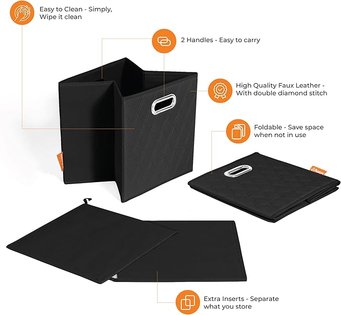 FH Group JIAessentials 12" Faux Leather Foldable Storage Cube Bins Set of 2 – Black Diamond Patterned Organizers with Handles for Closet & Shelves