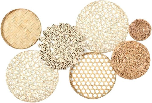 Boho Wall Baskets 7Pcs/Set Different Size & Style Boho Wall Basket Decor Straw Woven & Round Decorative Art for Living Room, Bedroom, Farmhouse, Nursery.