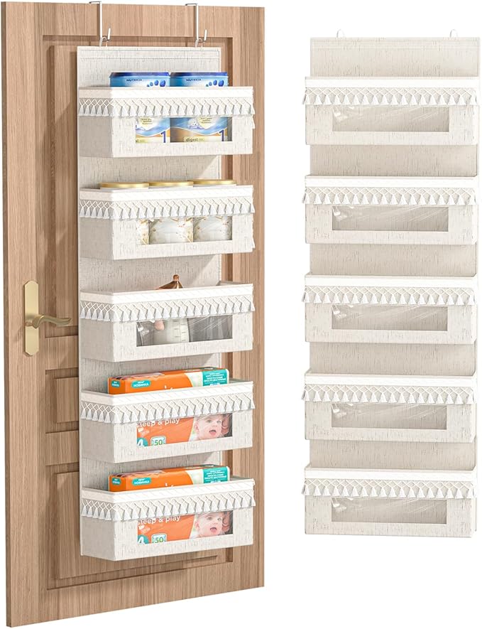 Aokeyee 5 Tier Over The Door Organizer Storage Nursery, Boho Door Organizer Hanging with Tassels and Clear Window, 65lb Behind The Door Storage for Baby Nursery, Bedroom, Bathroom, Laundry, Pantry